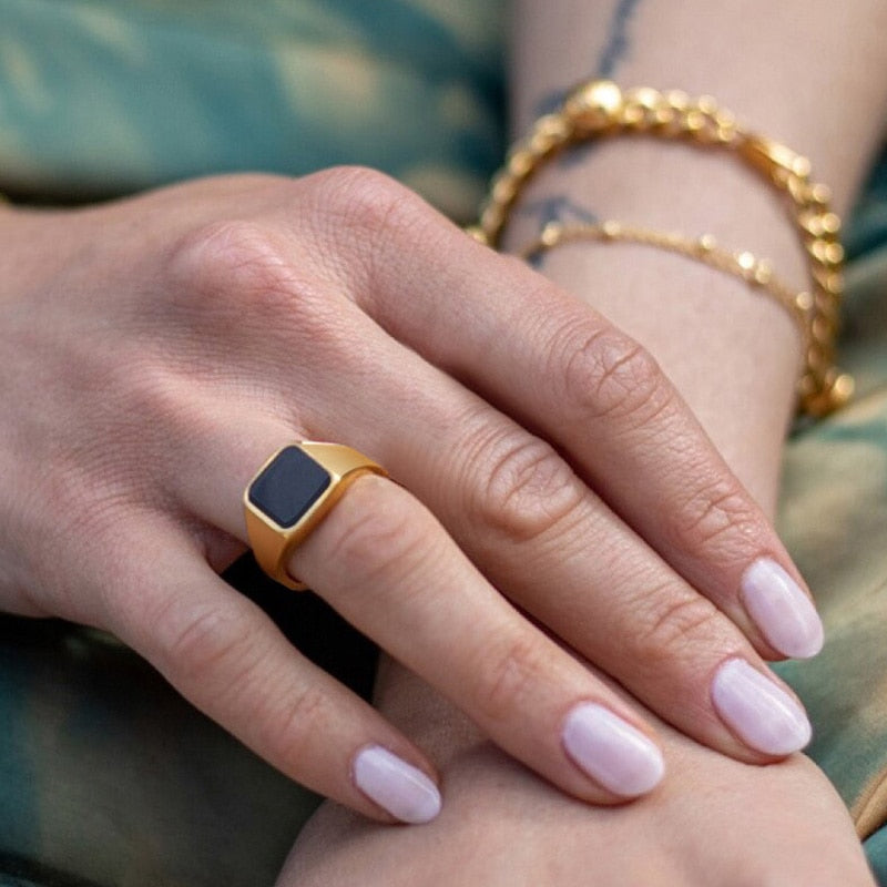 Coffin Cut Engagement Ring Leaf Design Black Stone Ring